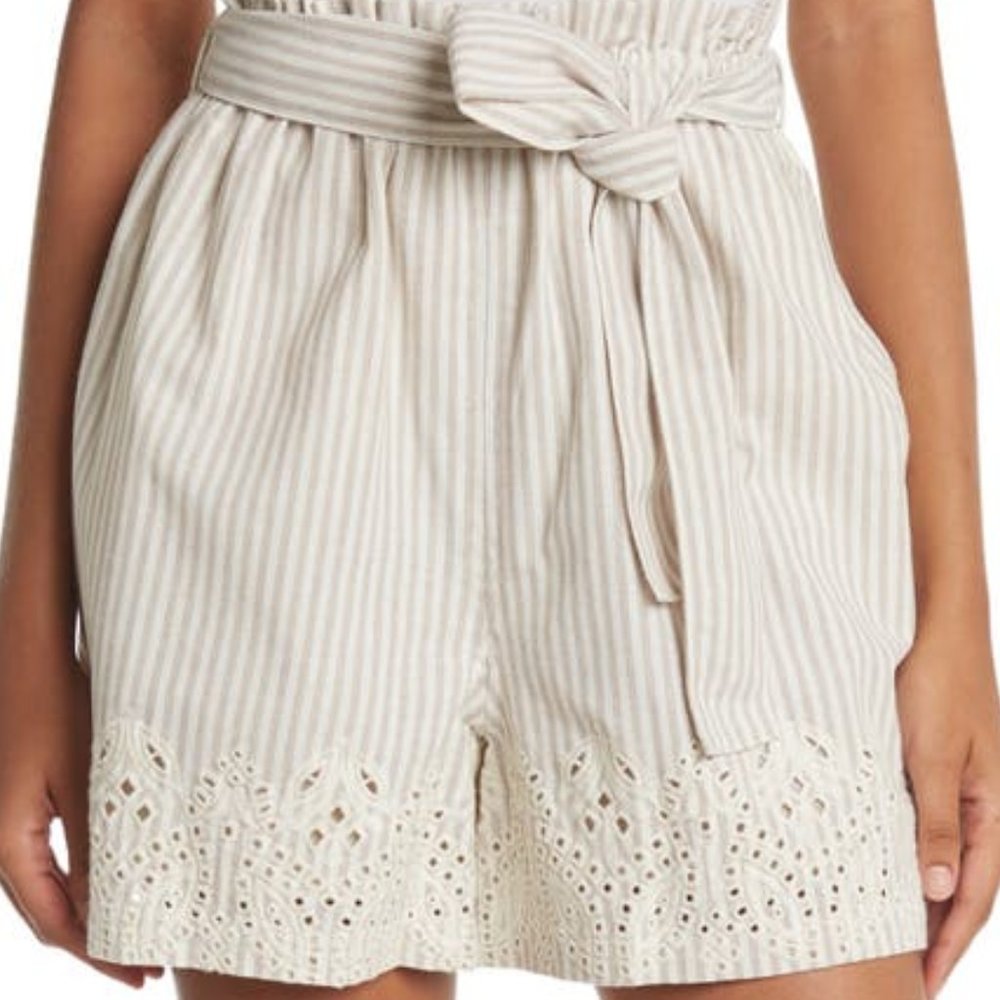 NEW JOHNNY WAS Women Ciana Embroidered High Waist Stripe Paper Bag Short Belted
